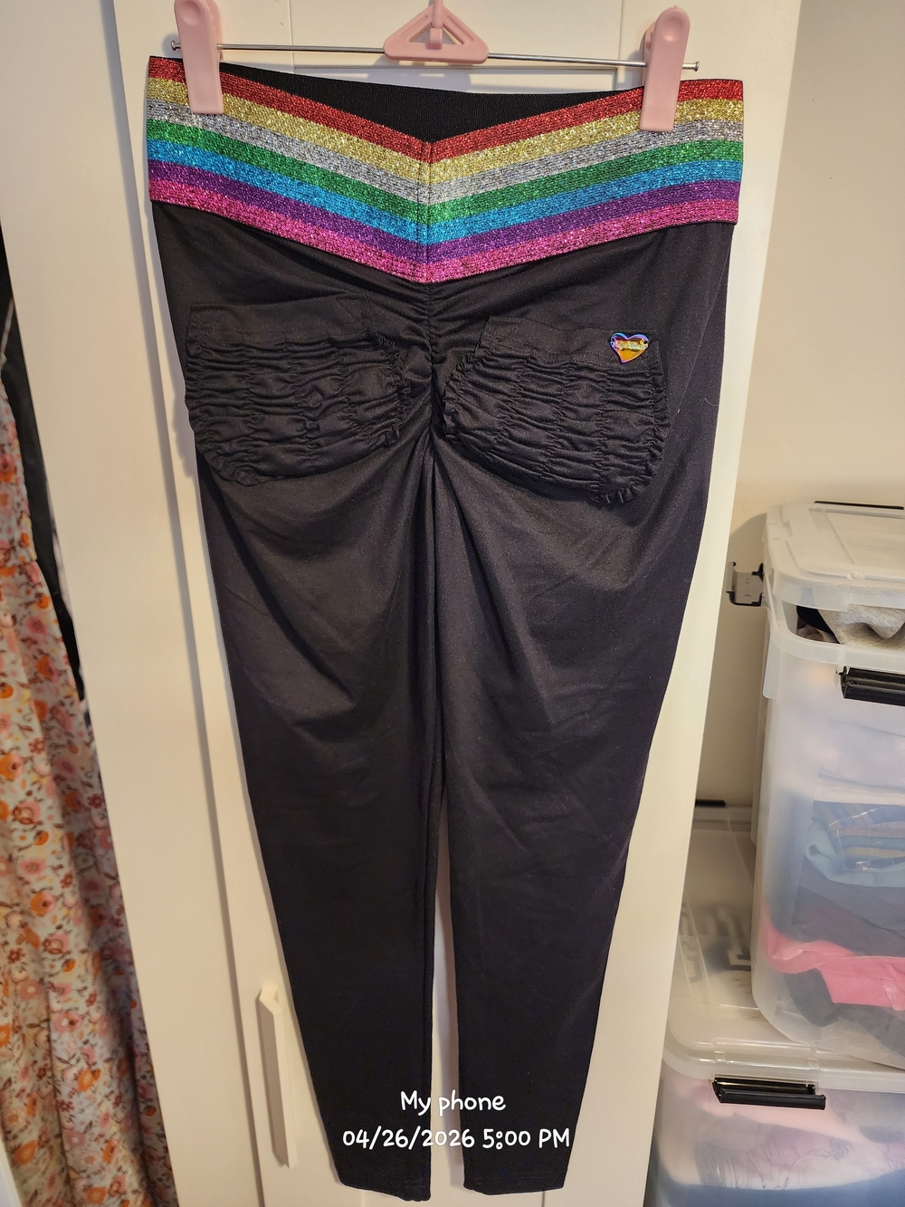 Cute Booty Lounge Black Leggings with Rainbow Glitter Waistband